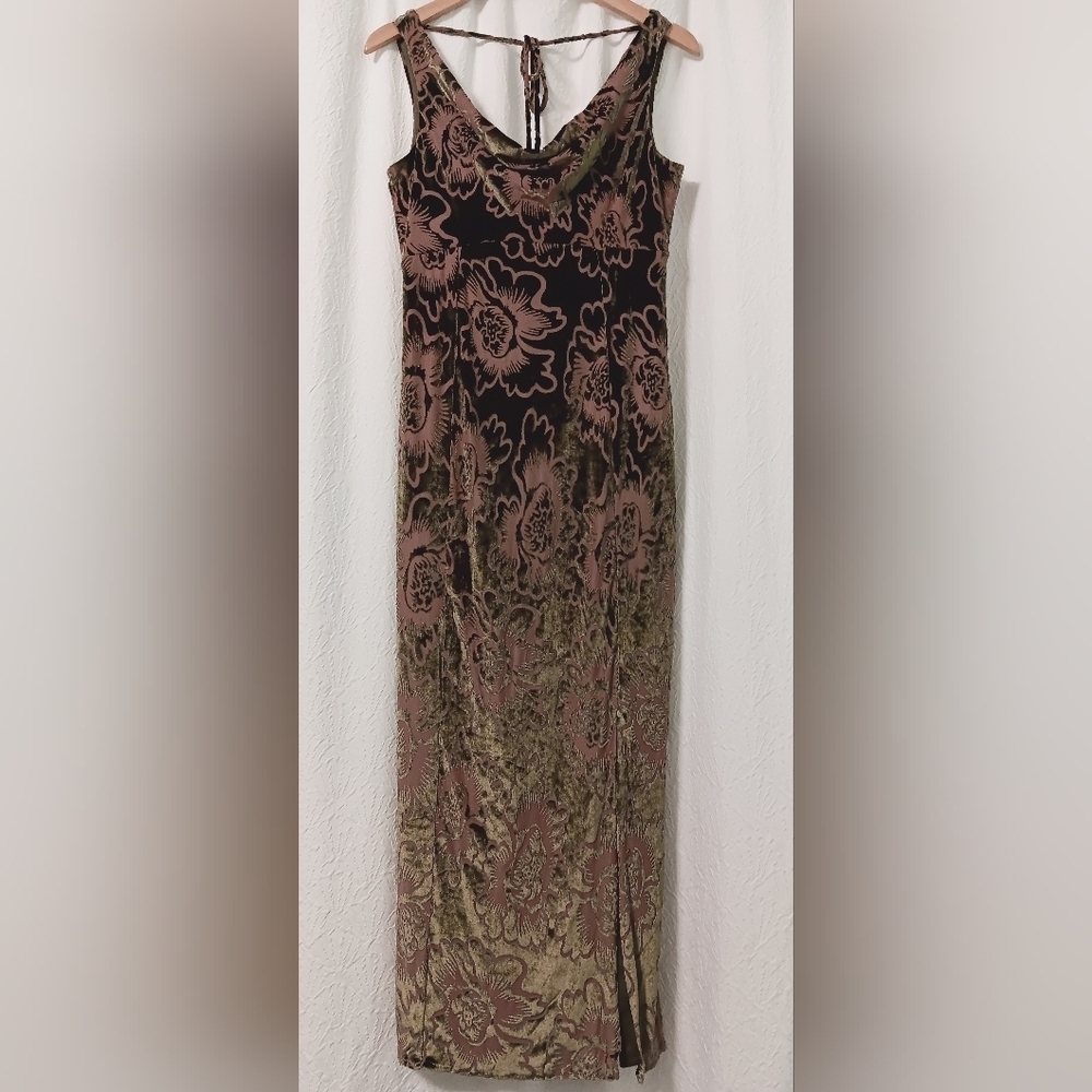 EUC TAYLOR Moss Green Floral Burnout Fall Cowl Neck Maxi Dress Size 6